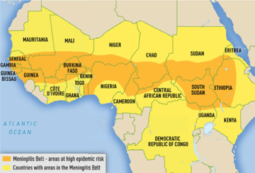 La ceinture africaine de la méningite. Crédit image : Centers for Disease Control and Prevention